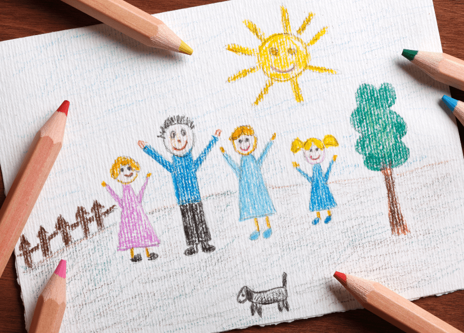 A child's drawing of a happy family with a dog and sun shining